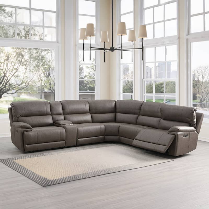Synthetic Leather Upholstered Power Motion Sectional Sofa with 2 Cup Holders in Brown