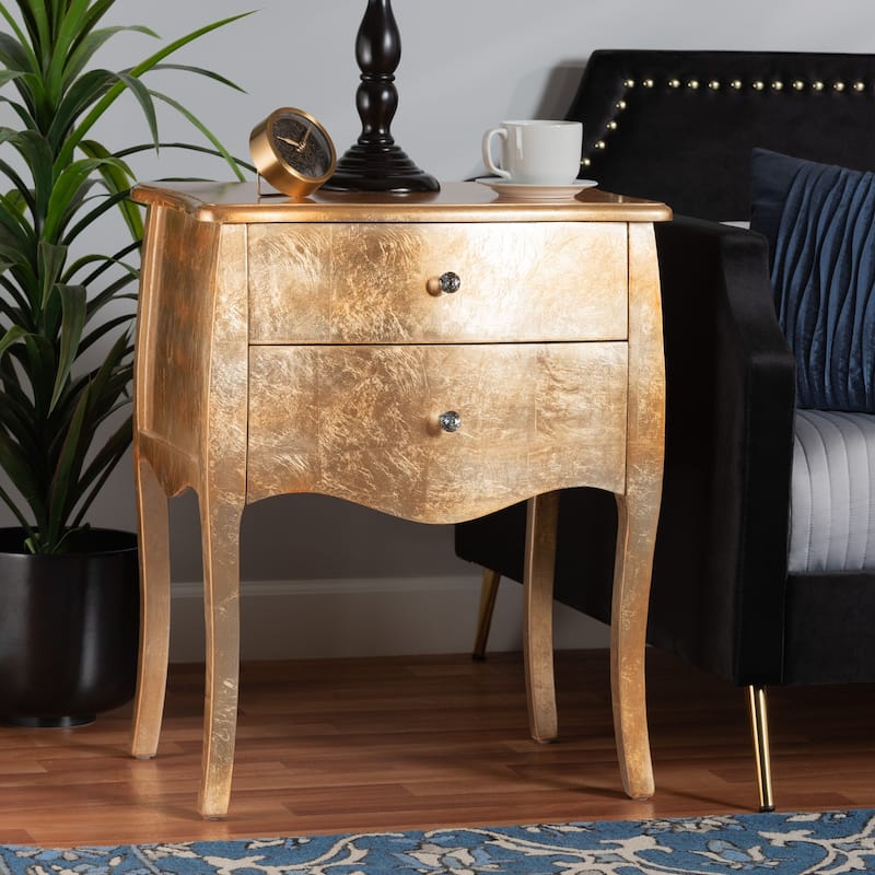 Gold Nightstand 2 Drawer Wood Bedside Table Elegant Design Fully Assembled