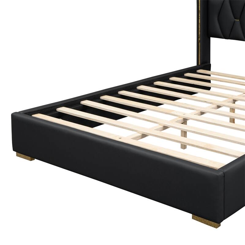 Full Size Upholstered Platform Bed with Metal Strips,Black/Off-white