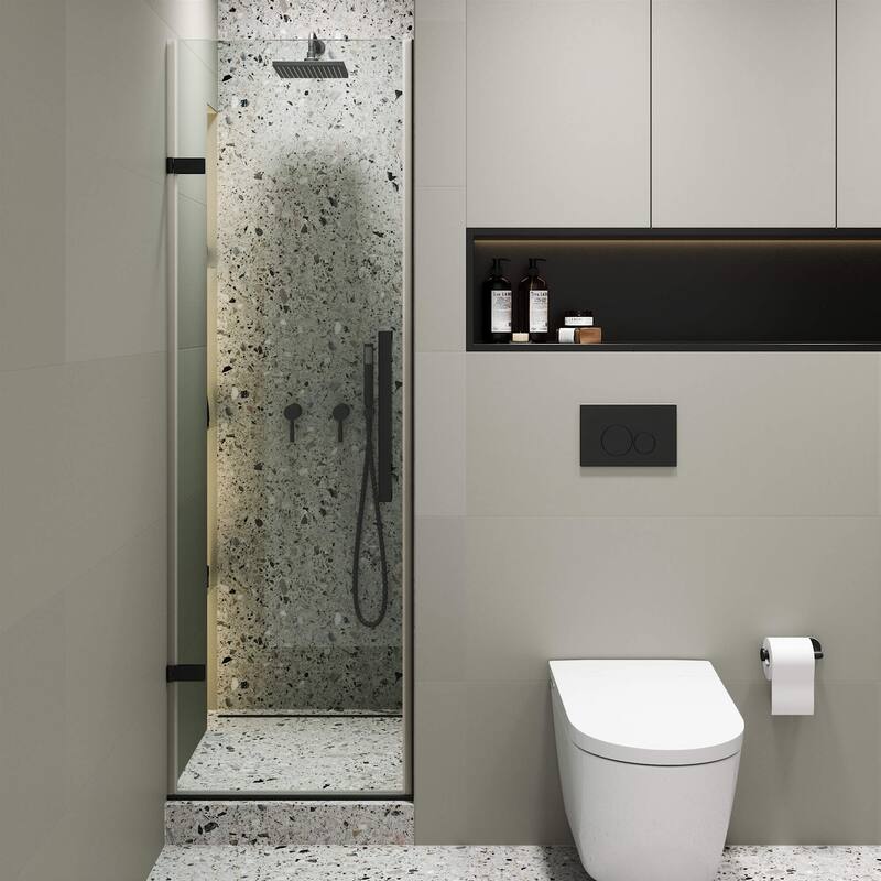 Fine Fixtures Hinged Clear Frameless Glass Shower Door Enclosure - 24 Inch - Black