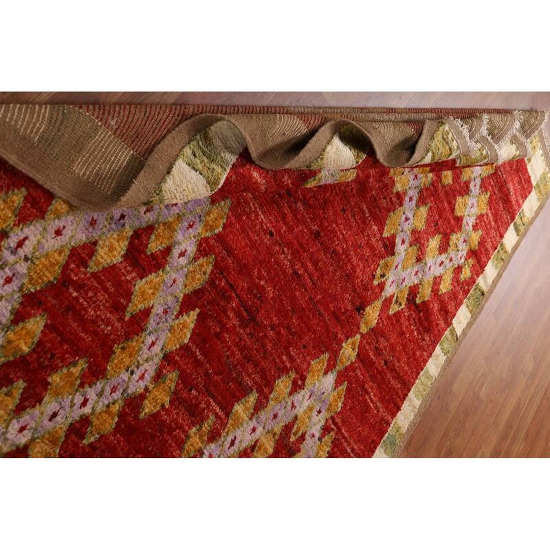 Hand Knotted Oriental 100% Wool Carpet Modern Geometric Red Moroccan Area Rug - 8' 2'' X 5' 5''