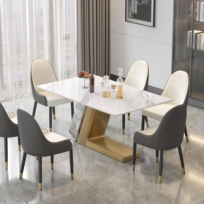 Modern Slate Kitchen Dining Table with White Rectangle Sintered Stone Top and Metal Legs -- 63''/71''/79'' - 63'' white&gold