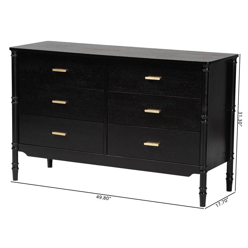 Marisela Black Wood Dresser with Drawers - Bamboo-Inspired Legs and Brass Handles, 6-Drawer Modern Transitional Bedroom Storage