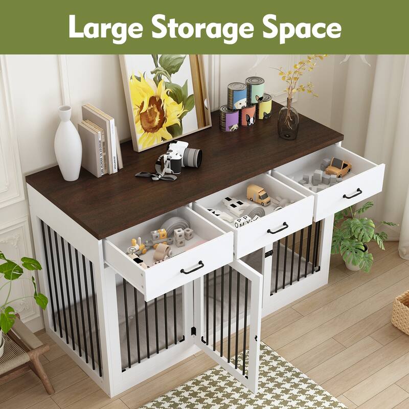 Furniture Style Dog Crate with Storage Drawers, Large Dog Kennel Cabinet with Wood Top, Double Door Pet Crate End Table