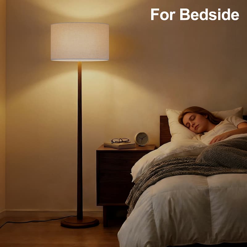 61" Walnut Wood Floor Lamp with Linen Drum Shade, Standing Lamp with Foot Step ON/OFF Switch (Bulb Not Included)