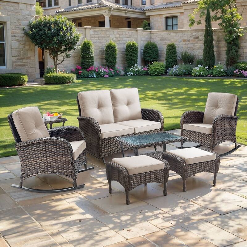 Pocassy 7 Pieces Glider Sofa with Rocker Chairs Ottomans Table - Brown Wicker - Beige cushion