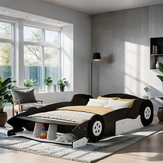 Unique Design Kids Furniture Full Size Race Car-Shaped Platform Bed with Kids Bed Wheels, Black