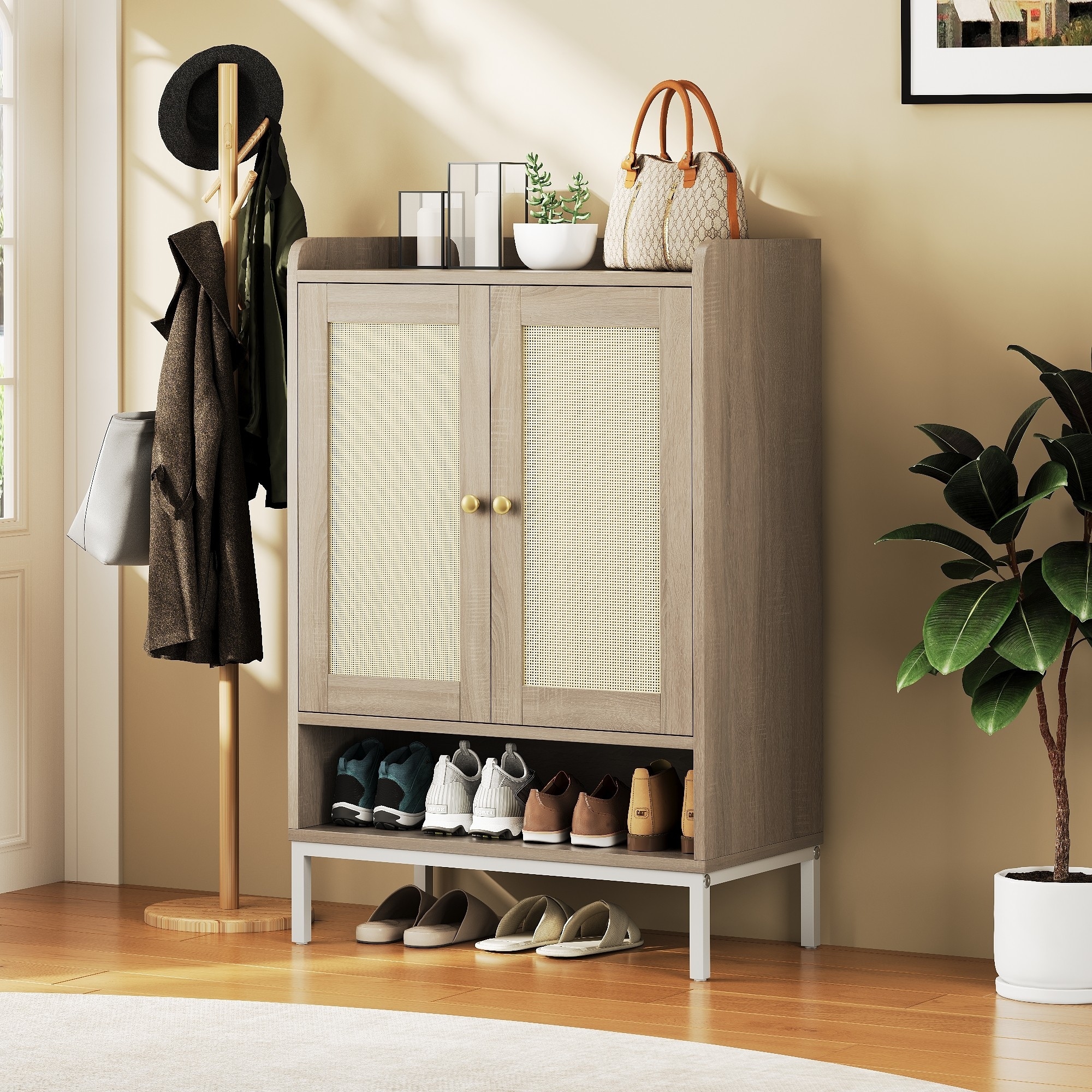 JASIWAY 4-Tier Storage Shoe Cabinet with Rattan Doors