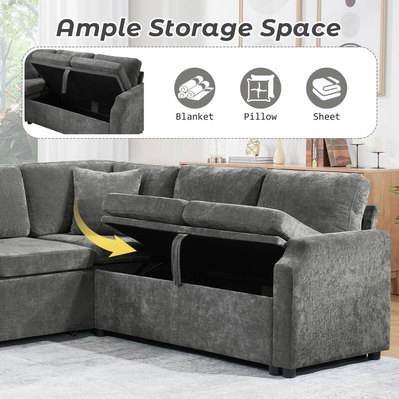 L-Shaped Sectional Sofa Bed, Chenille Upholstered Sleeper Sofa with Hidden Storage Compartment, 4 Seater Corner Sectional Sofa