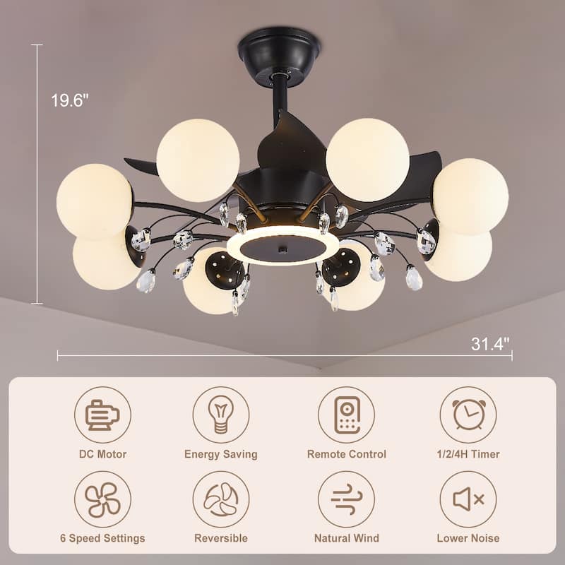 31in. Indoor Gold Modern Ceiling Fan with Light, Reversible Fandelier with Light Bulbs and Remote for Living Room