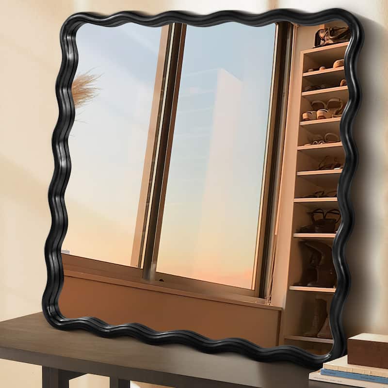 36 in. W x 36 in. H Square Wood Framed Wavy Wall Mirror