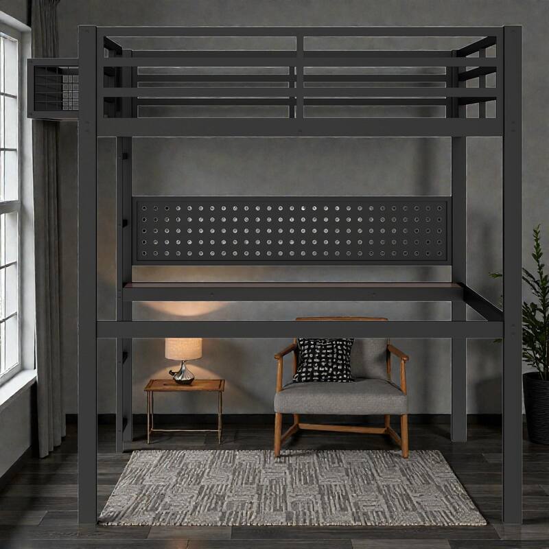 Queen Metal Loft Bed with Desk, Pegboard, Storage Basket, Clock, USB Charging Port & Space-Saving Workstation