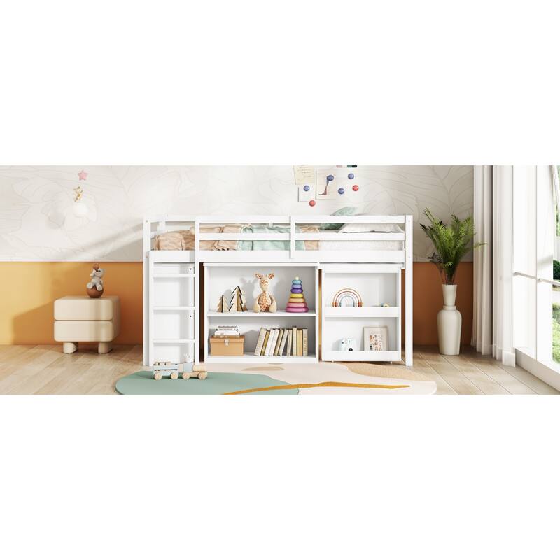 Roomfitters Twin Rubber Wood Loft Bed with Storage Cabinets and Pull-Out Desk, Safety Guardrail and Ladder