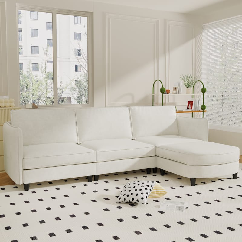 107.8'' 3 Seater L-Shaped Sofa with Ottoman, Arm Pockets, Fabric Couch (Beige)