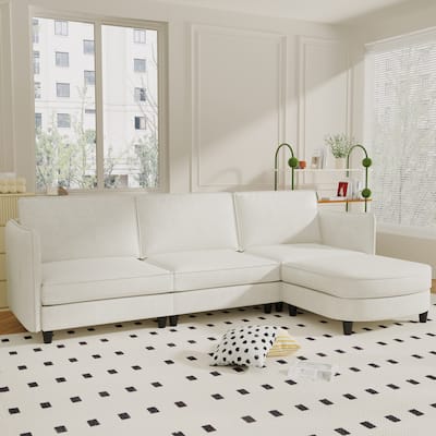 107.8'' 3 Seater L-Shaped Sofa with Ottoman, Arm Pockets, Fabric Couch (Beige)