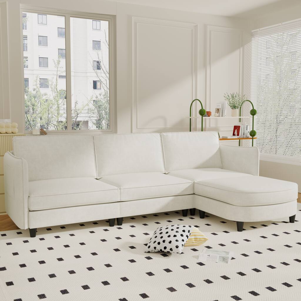 107.8'' 3 Seater L-Shaped Sofa with Ottoman, Arm Pockets, Fabric Couch (Beige)