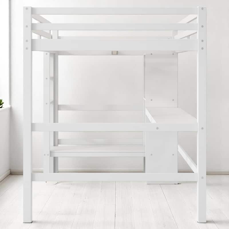 Full Loft Bed with Built-in Desk and Playful Shelves, Modern Wood Frame with Guardrails, Space-Saving Design