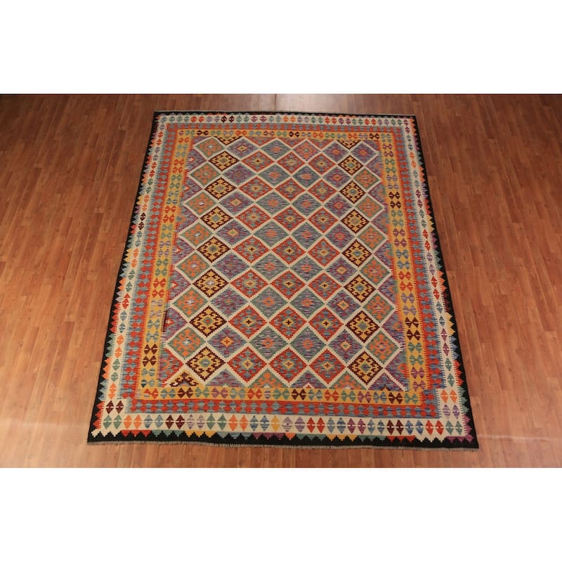 Colorful Trellis Kilim Oriental Rug Flatweave Geometric Wool Carpet - 8'5"x 10'3"