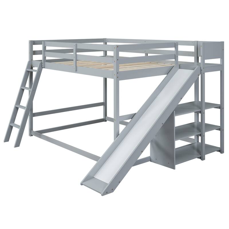 Full over Full Bunk Bed with Ladder, Slide and Shelves, Gray