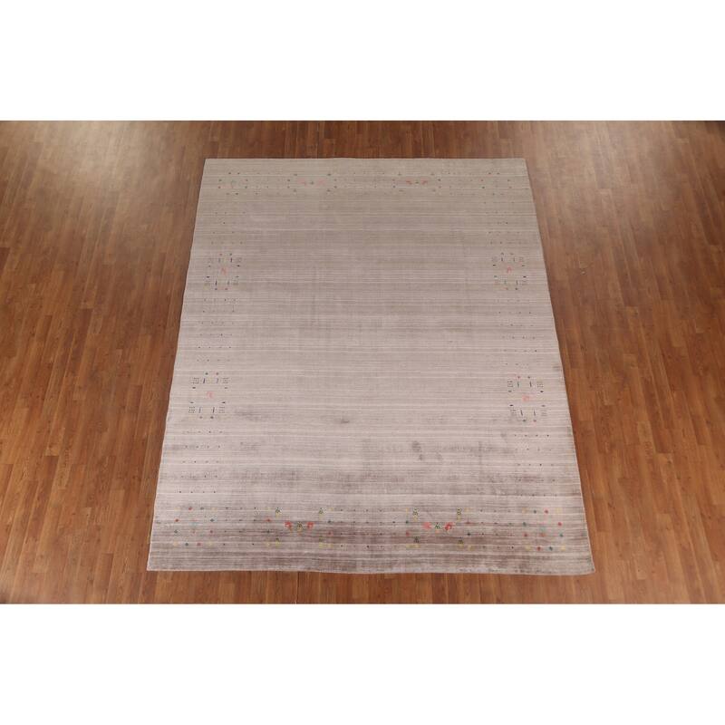 Gabbeh Area Rug Hand-Knotted Tribal Beige Wool Carpet - 7'10" x 9'8"
