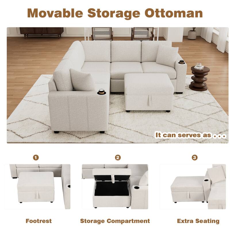 84.7" Convertible Sofa Bed in Beige Chenille with Storage Ottoman, USB & Cup Holders