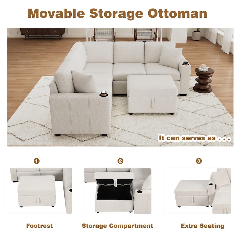84.7" Modular Sectional Sofa Convertible Pull-Out Bed U-Shape L-Shape Couch with Storage Ottoman USB Ports Cup Holders
