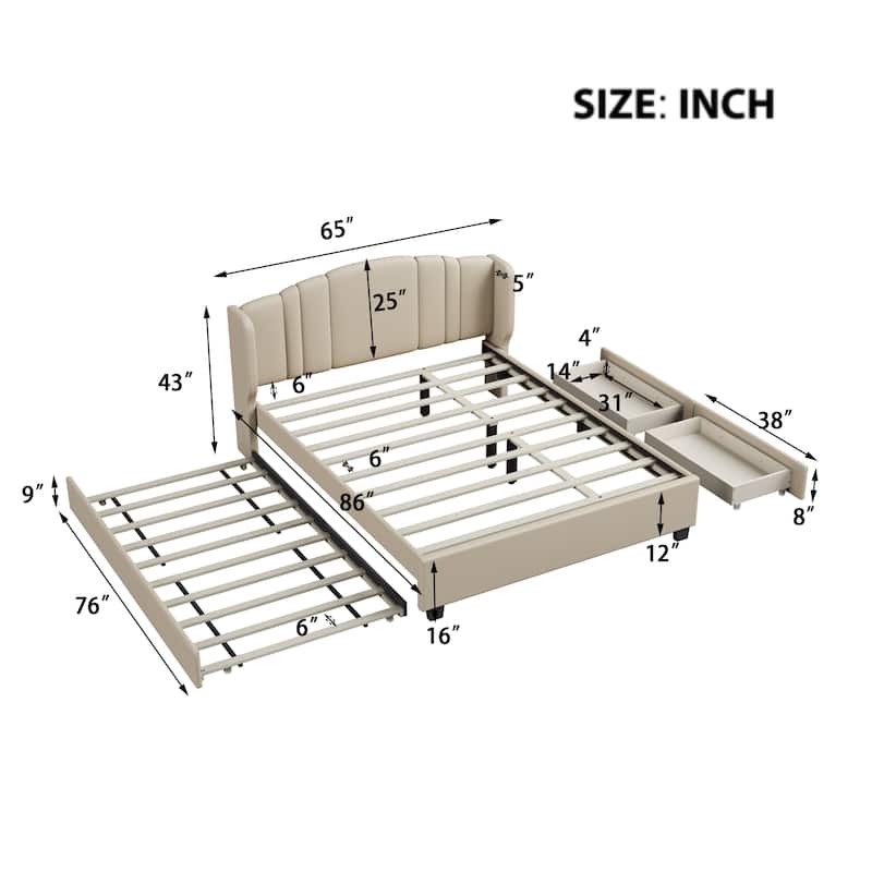 Queen Size Upholstered Bed Frame with Wingback Headboard Trundle and 2 Drawers, Center Support Legs Platform Bed Frame