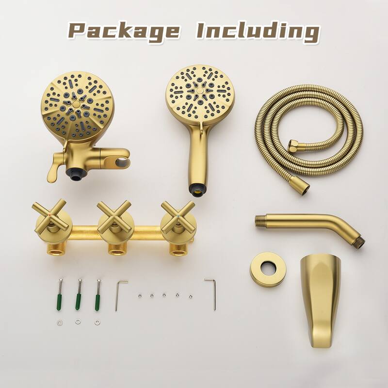 Modland 3-Handle Tub and Shower Faucet Set Dual Head 7-Spray Brass Valve Kit with Alloy Spout