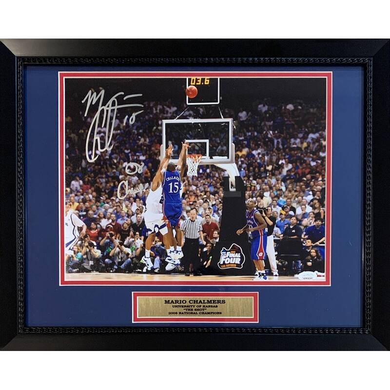 Mario Chalmers Autographed Kansas Jayhawks THE SHOT 2008 National Champions Signed Framed 11x14 Basketball Photo JSA COA