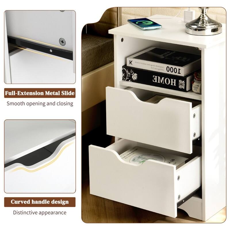 15.7"W Nightstand, P2 Particleboard, Matte Melamine, Handleless, 2 Drawers, US Outlet