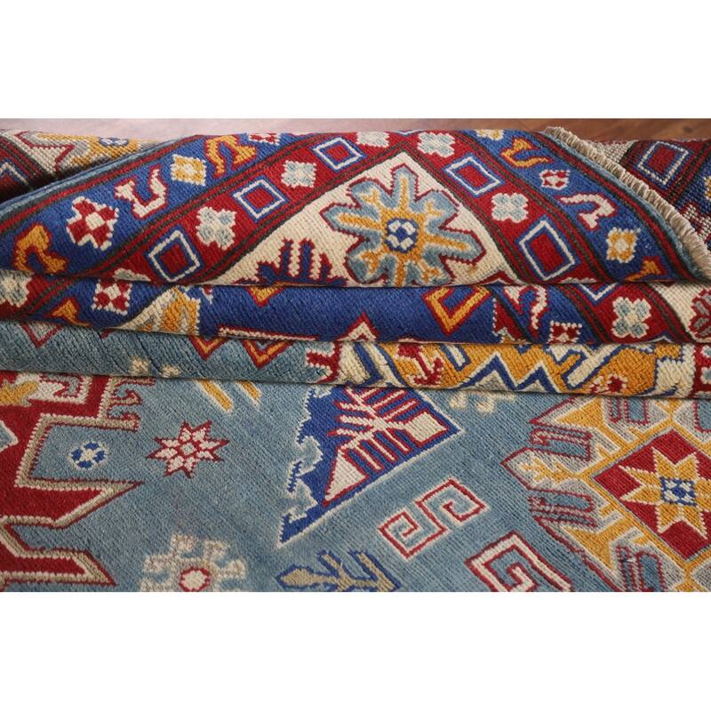 Hand Knotted Oriental 100% Wool Carpet Traditional Geometric Navy Blue & Blues Kazak Area Rug - 9' 8'' X 6' 7''