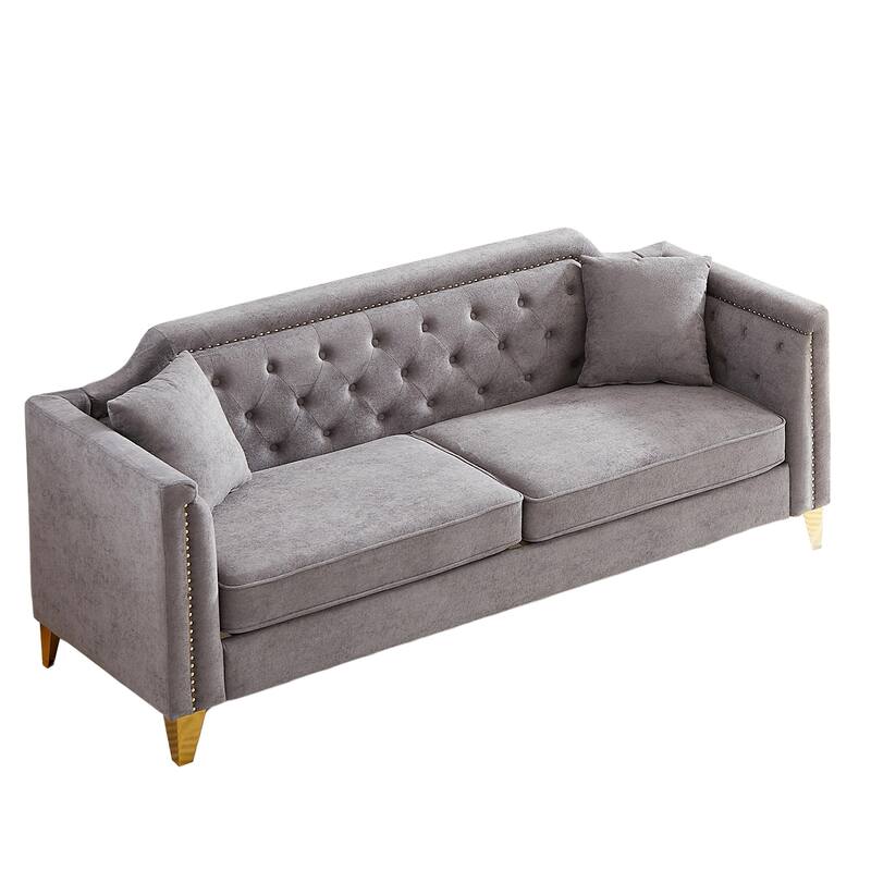 Chenille Sofa with Golden Metal Legs, 3-Seater Couch with Solid Wood Frame and 750 lbs Capacity