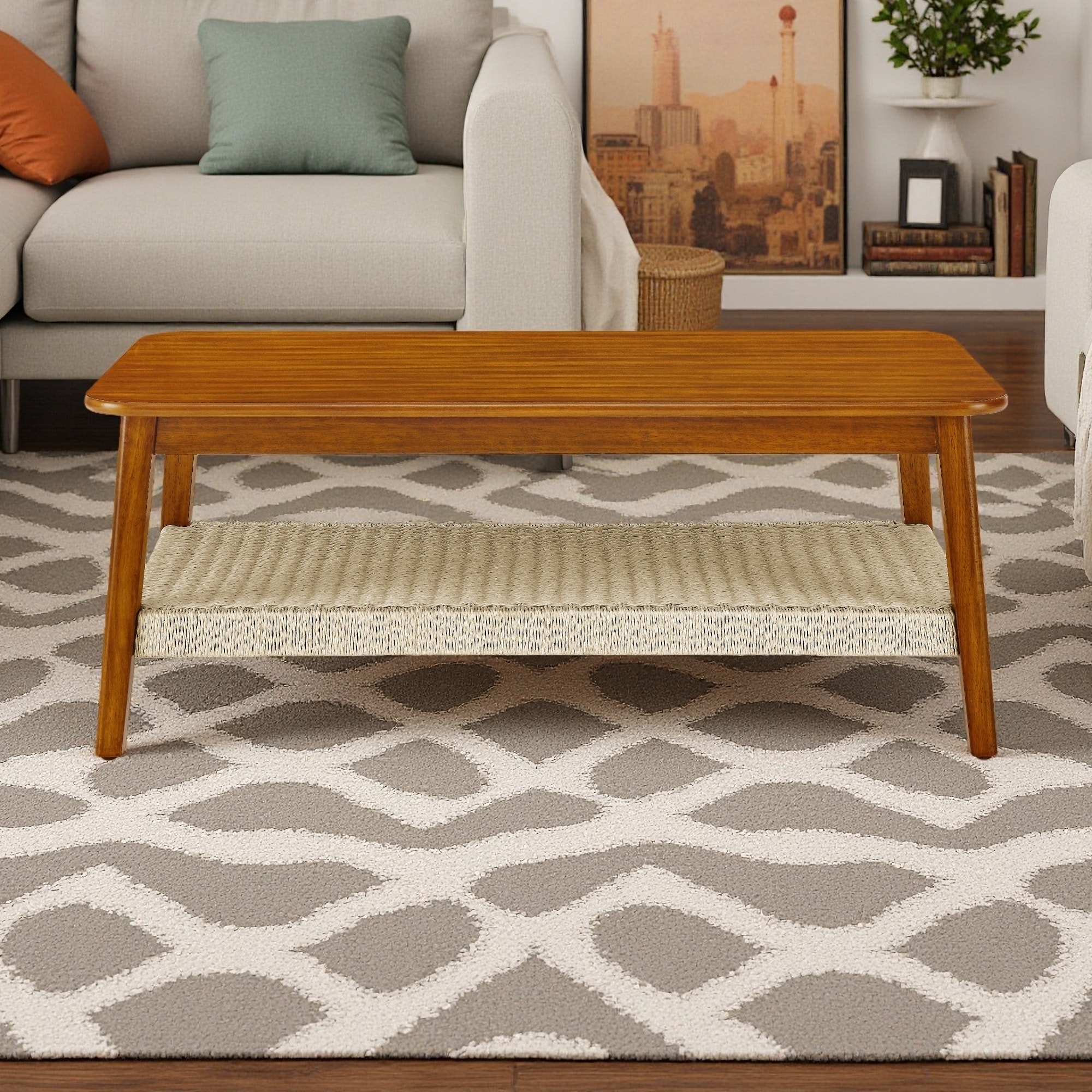 47.25" MDF, Solid Wood & Rattan Rectangle Coffee Table with Woven Shelf for Living Room and Patio