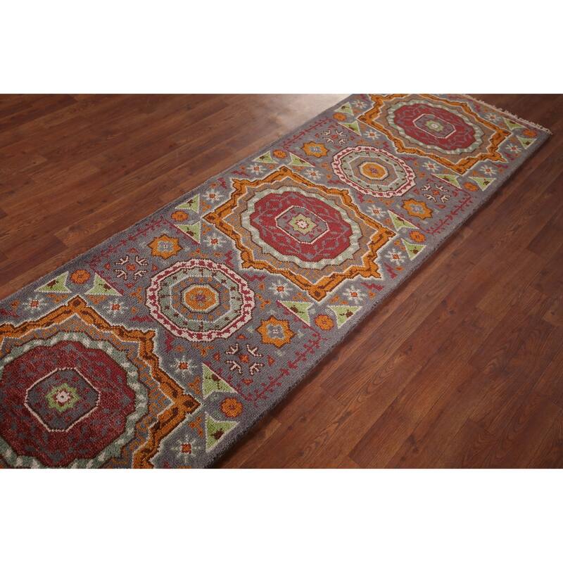Geometric Kazak Oriental Runner Rug Handmade Wool Carpet - 2'6" X 7'11"