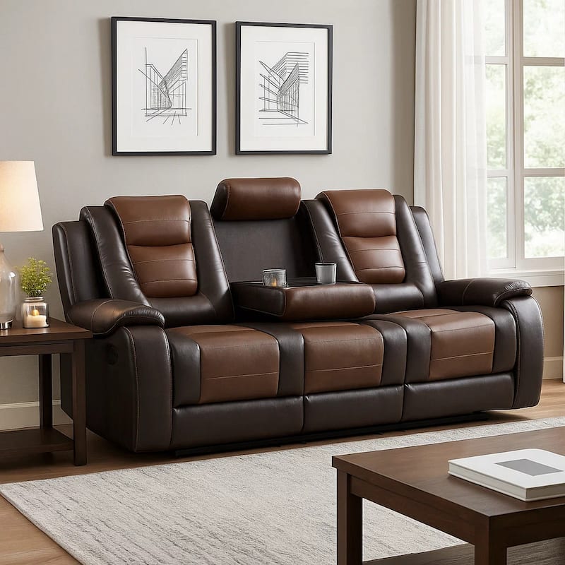 Istro 86 Inch Manual Recliner Sofa, Drop Down Table, Brown Faux Leather