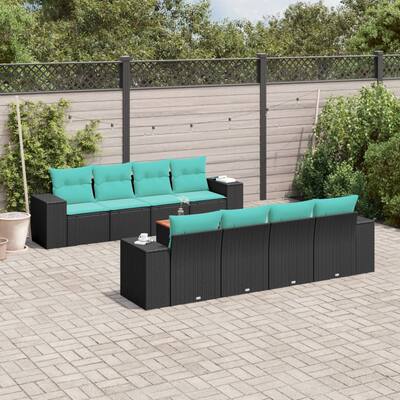 vidaXL 9 Piece Patio Sofa Set with Cushions Black Poly Rattan - 21.7 x 24.4 x 27.2