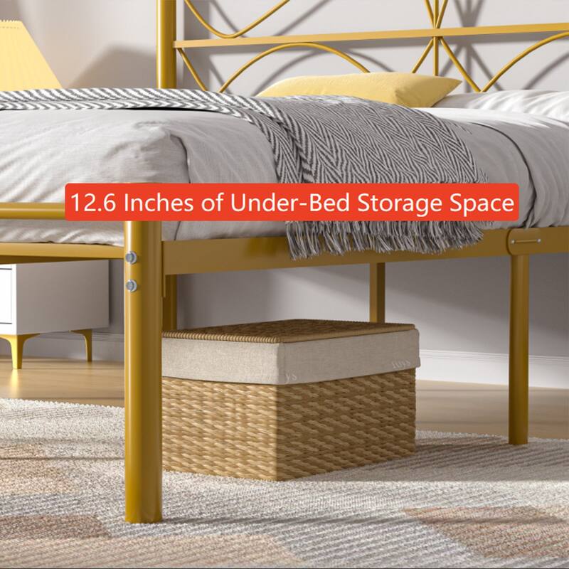VECELO Wave Design Metal Bed Frame with 12.6" Underbed Storage High Headboard Industrial Platform Bed