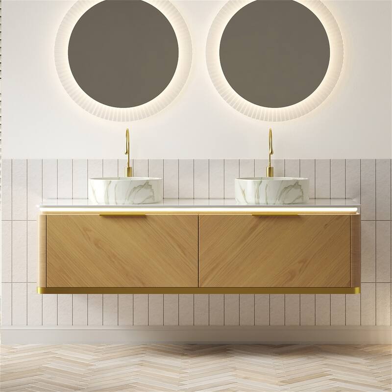 60" Floating Bathroom Vanity with Sensor Light and Marble Vessel Sink
