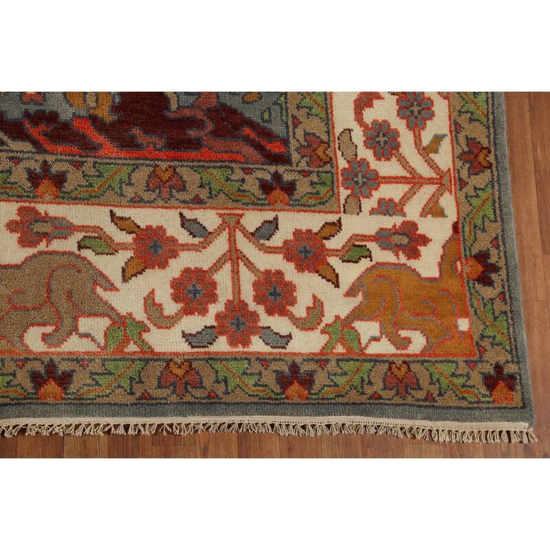 Hunting Animals Design Ziegler Indian Rug Handmade Gray Wool Carpet - 8'11"x 11'8"