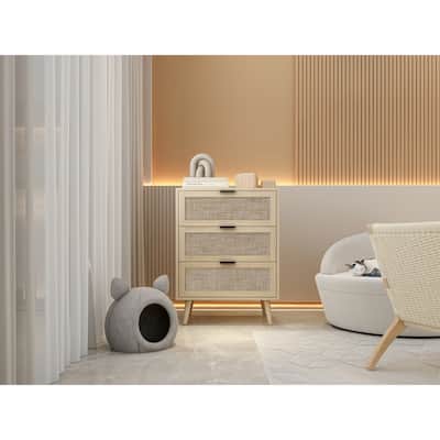 Versatile Three-Drawer Sideboard Buffet with Rattan Design & Pine Legs for Bedroom or Study Storage