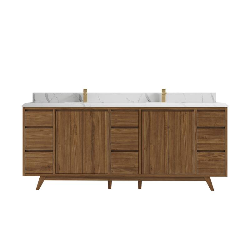 Willow Collections 84 in. W x 22 in. D Madison Teak Double Sink Bathroom Vanity with Countertop - 1.5" Calacatta Laza - Golden Teak