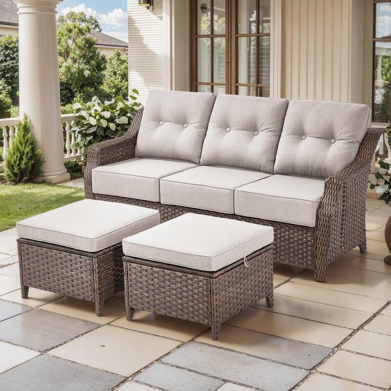 Outdoor Wicker Rattan Sofa Set for Garden - Brown Wicker & Beige Cushion - 3PCS Sofa with Ottoman