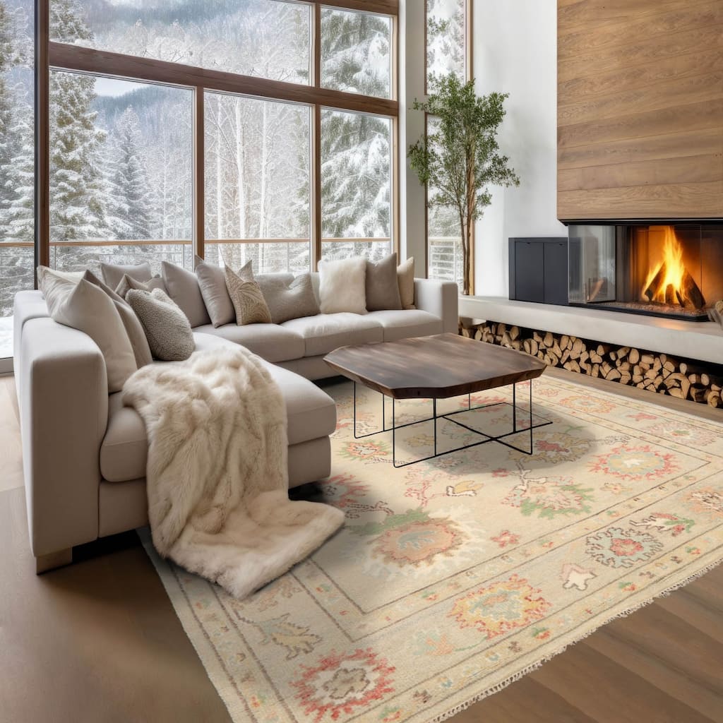 LoomBloom Beige Hand Knotted Wool Rug Arts & Crafts Oushak Style