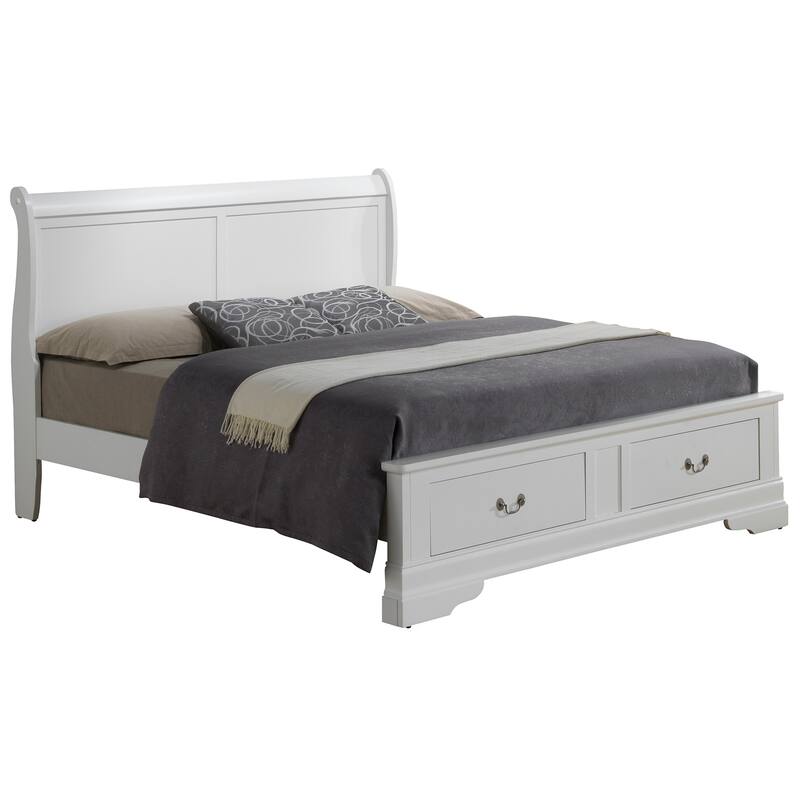 White Sleigh Bed with Storage - Wood Bed Frame, Dovetail Drawers, No Box Spring Needed