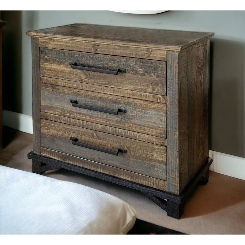 HomeRoots 37" Brown and Gray Solid Wood Three Drawer Chest