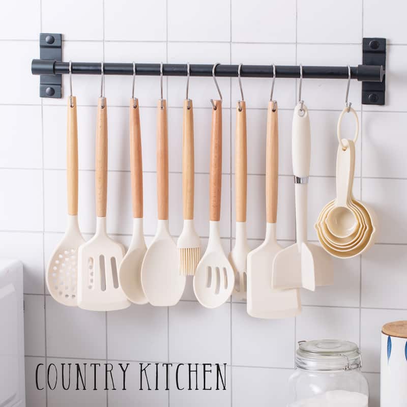 Country Kitchen Non Stick Silicone Utensil Set with Rounded Wood Handles for Cooking and Baking, 38 Piece Set