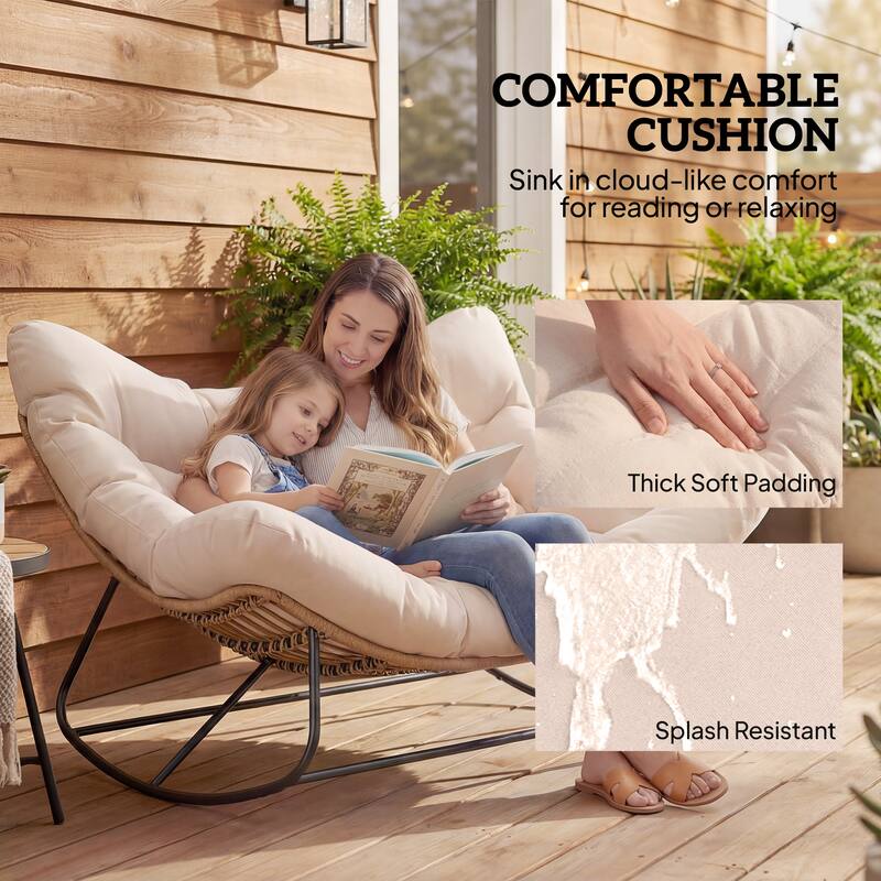 Outsunny Double Papasan Rocking Chair, Wicker Oversized Indoor Outdoor Rocking Chair with Cushion