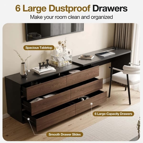 black dresser desk combo Modern Home Office Expandable Dresser Desk Combo with 6 Drawers