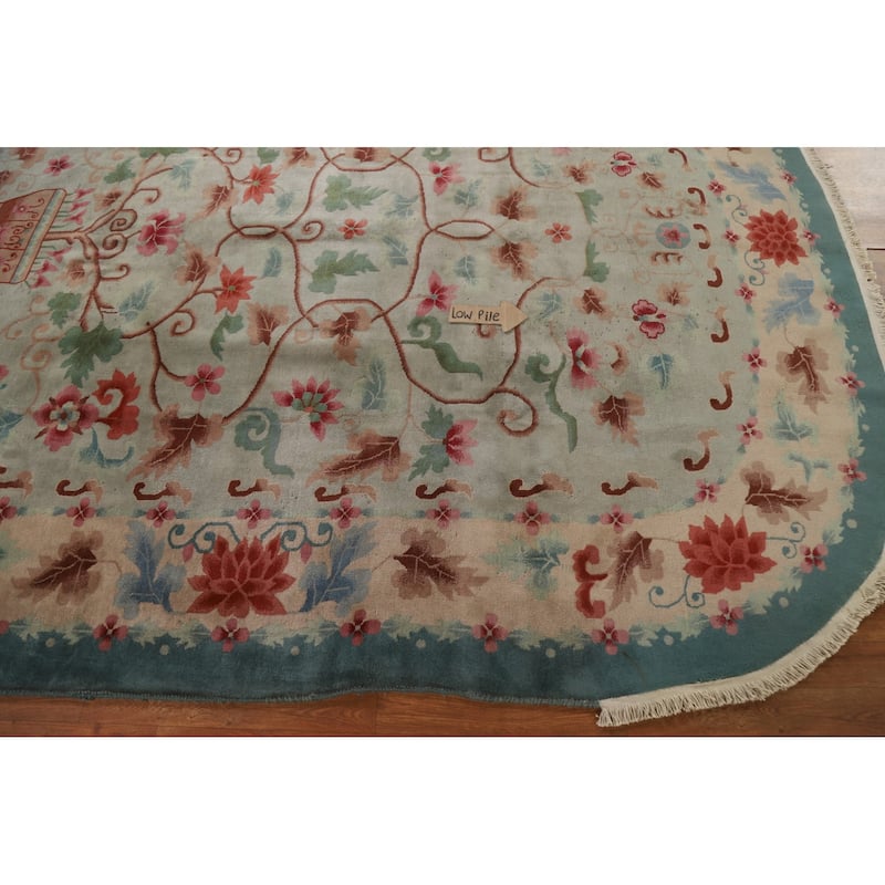 Hand Knotted Oriental 100% Wool Carpet Traditional Floral Green Art Deco Area Rug - 9' 8'' X 7' 11''