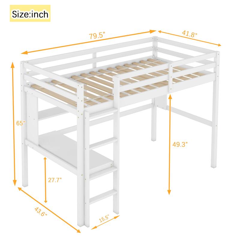 Twin Loft Bed with Desk, Shelves, Safety Guardrail, and Ladder, White